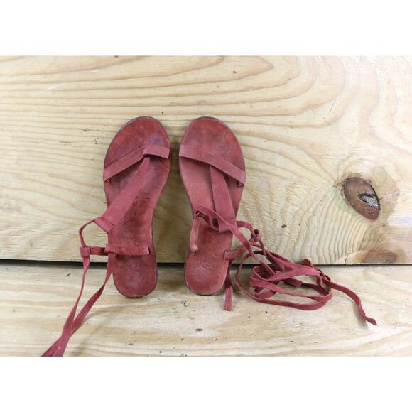 Free People Sandals 7.5 Red Leather Dahlia Gladiator Lace Up Shoes - Picture 5 of 8
